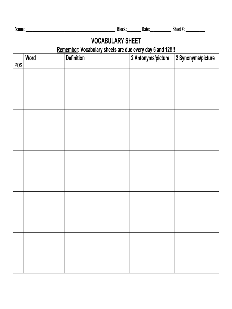 Vocabulary Words Worksheet Template