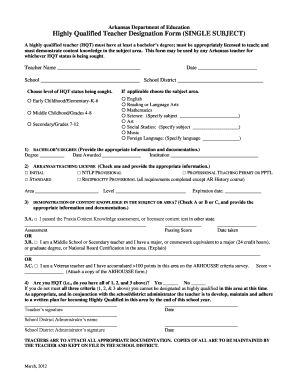Arkansas Highly Qualified Teacher Designation Form