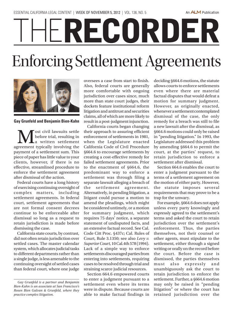 Fillable Online Enforcing Settlement Agreements Rosen Bien Galvan