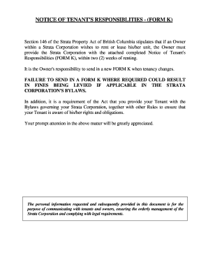 Notice of Tenant's Responsibilities Form K