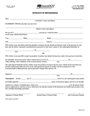 AFFIDAVIT OF REPOSESSION. Finance form