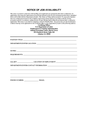 Notice of Job Availability for Permanent Alien Labor Certification