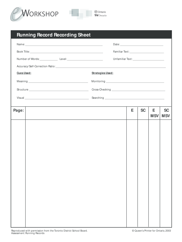 Blank Running Record Form Fill Online, Printable, Fillable, Blank