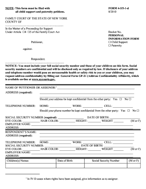 New York Child Support Paternity Personal Information Form