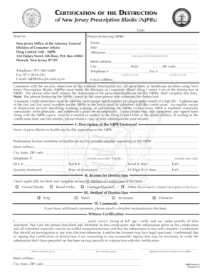 Certification of Destruction of New Jersey Prescription Blanks