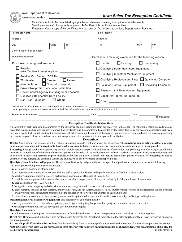 Iowa State Sales Tax Exemption Form 2013 Fill Out Sign Online DocHub