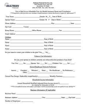 Affordable Care Act Health Insurance Quote Request Form