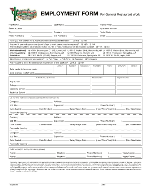 Restaurant Employment Application Form