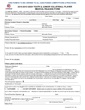 2014-2015 US Youth Volleyball Medical Release Form