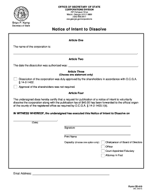 Georgia Notice of Intent to Dissolve Form CD 410