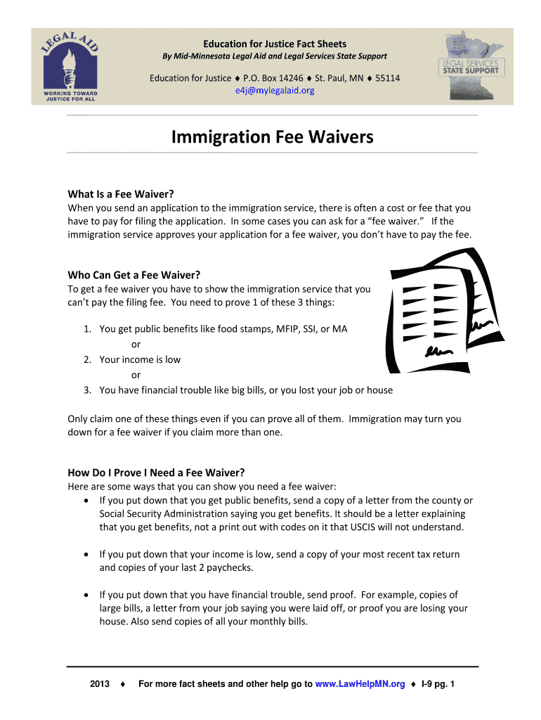 Fillable Online lawhelpmn I9 Immigration Fee Waivers