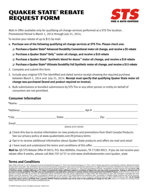 Quaker State Oil Change Rebate Request Form