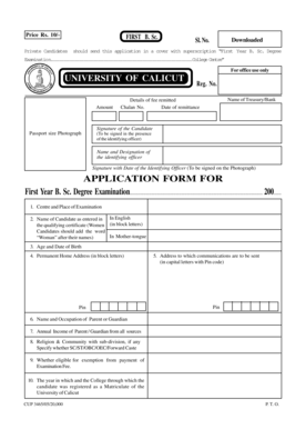 University of Calicut B.Sc. Degree Examination Application