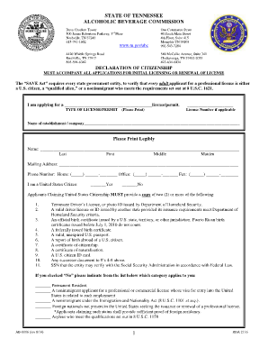 Tennessee Alcohol Beverage Commission Citizenship Declaration