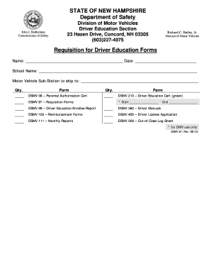 New Hampshire Driver Education Forms Requisition