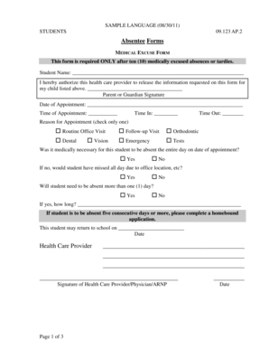 Medical Excuse Form for Student Absences