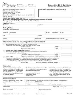 Ontario Birth Certificate Request Form