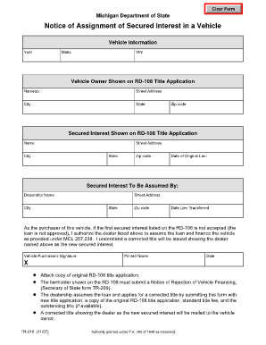 Michigan Notice of Assignment of Secured Interest in a Vehicle