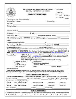 US Bankruptcy Court Transcript Order Form