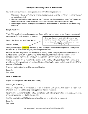 Thank you letter for externship - THANK YOU EMAIL FOLLOWING INTERVIEW FOR JOB OR INTERNSHIP - careers tufts