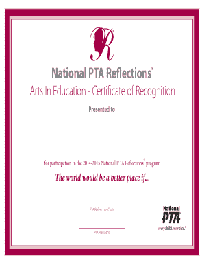 National PTA Reflections Certificate of Recognition