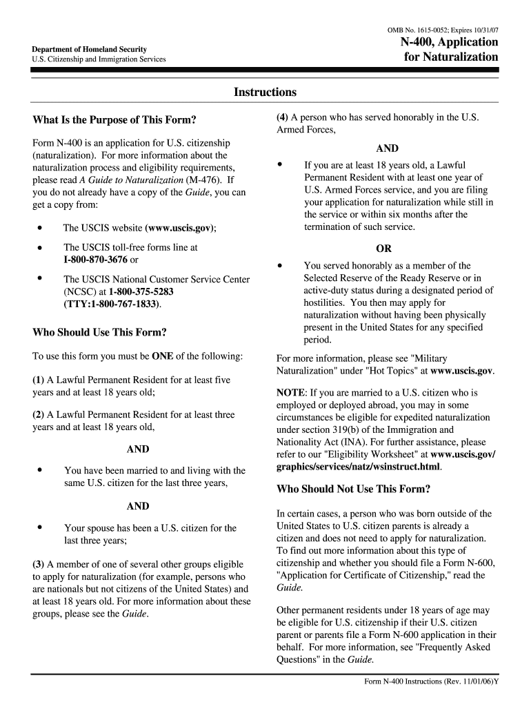 2006 Form USCIS N 400 Instructions Fill Online Printable Fillable 