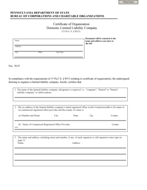 Pennsylvania Domestic LLC Certificate of Organization