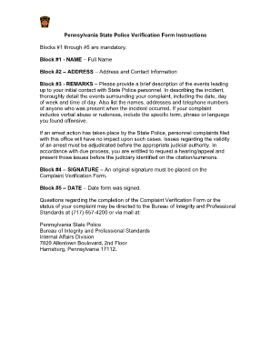 Pennsylvania State Police Complaint Verification Form