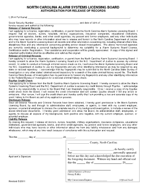 North Carolina Alarm Systems License Authorization Form