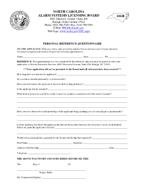 North Carolina Alarm Systems License Personal Reference Questionnaire