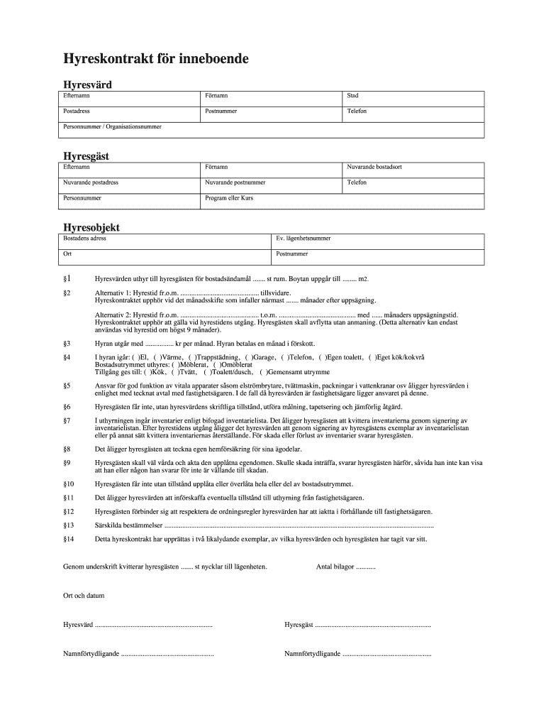 Hyreskontrakt For Inneboende Blank Fillable Template Fill Out Hyreskontrakt For Inneboende Blank Fillable Template Fill Out