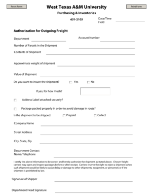 Outgoing Freight Authorization Form