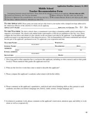Middle School Teacher Recommendation Form