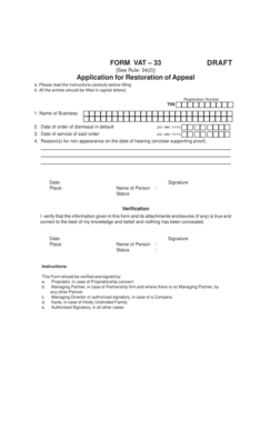VAT 33 Application for Restoration of Appeal