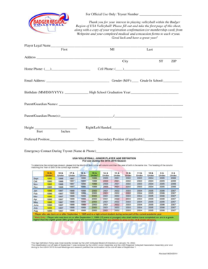 Badger Region Volleyball Tryout Form
