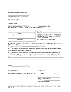 Motion and Affidavit to Terminate Income Withholding Order for Child Support