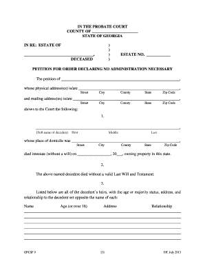 Georgia Petition for Order Declaring No Administration Necessary