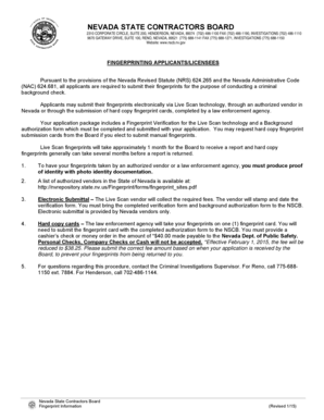 Nevada Contractor Fingerprint Form