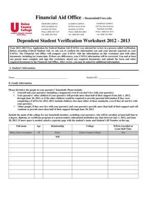 Dependent Student Verification Worksheet 2012-2013