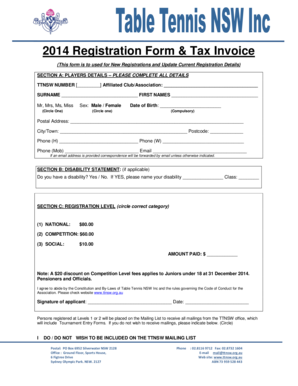 Table Tennis NSW Registration Form