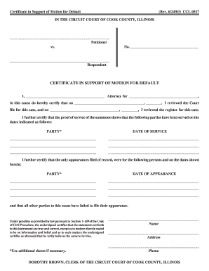 Certificate in Support of Motion for Default