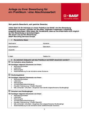 Anlage zu Ihrer Bewerbung für ein Praktikum / eine Abschlussarbeit