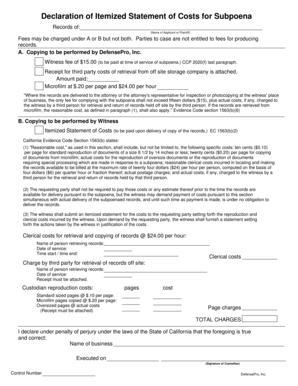 California Itemized Statement of Costs for Subpoena