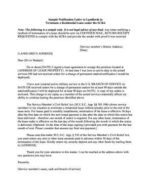 Notification Letter to Landlords to Terminate a Residential Lease under the SCRA