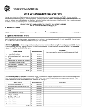 Pima Community College Dependent Resource Form