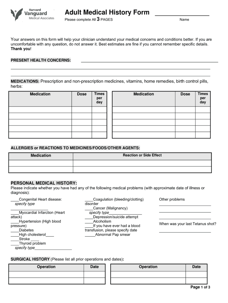 free fillable medical history form Preview on Page 1