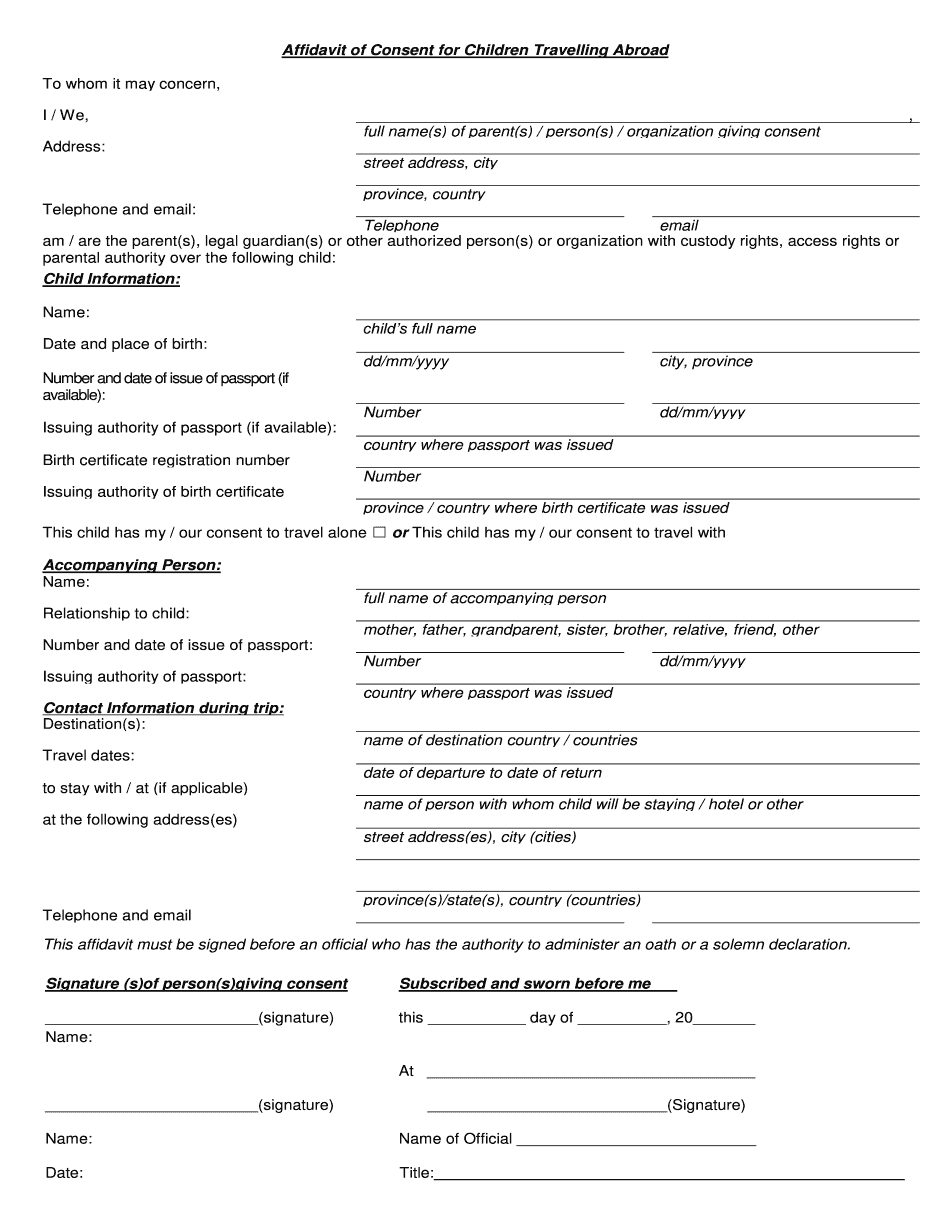 Free Minor (Child) Travel Consent Form - Word | PDF - Eforms