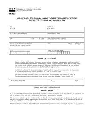 District of Columbia FP-337 Exempt Purchase Certificate