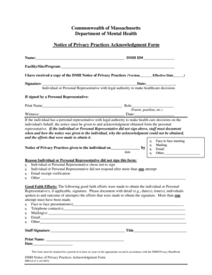Massachusetts DMH Privacy Practices Acknowledgment Form