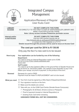 Wits University Kudu Card Application